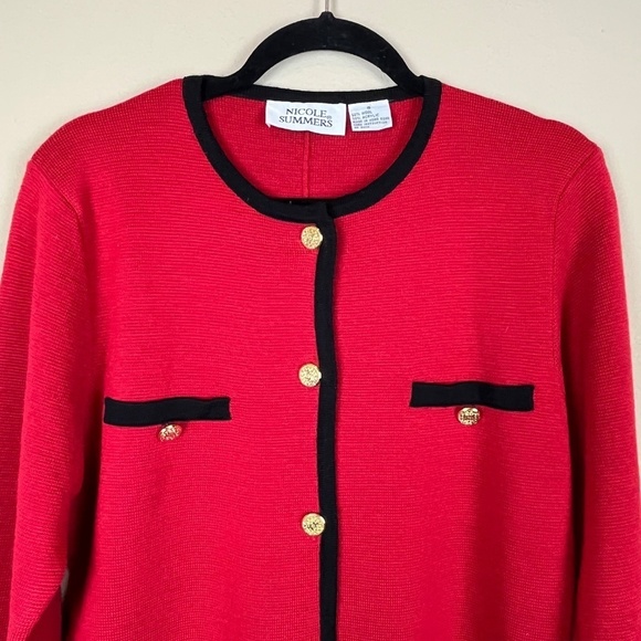 Nicole Summers Red/Black Button Down Sweater Cardigan Gold Buttons; Size S - Picture 2 of 8